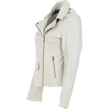 Women's Side Zip Leather Biker Jacket Beige: 1141