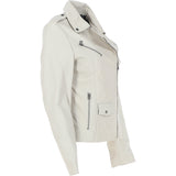 Women's Side Zip Leather Biker Jacket Beige: 1141