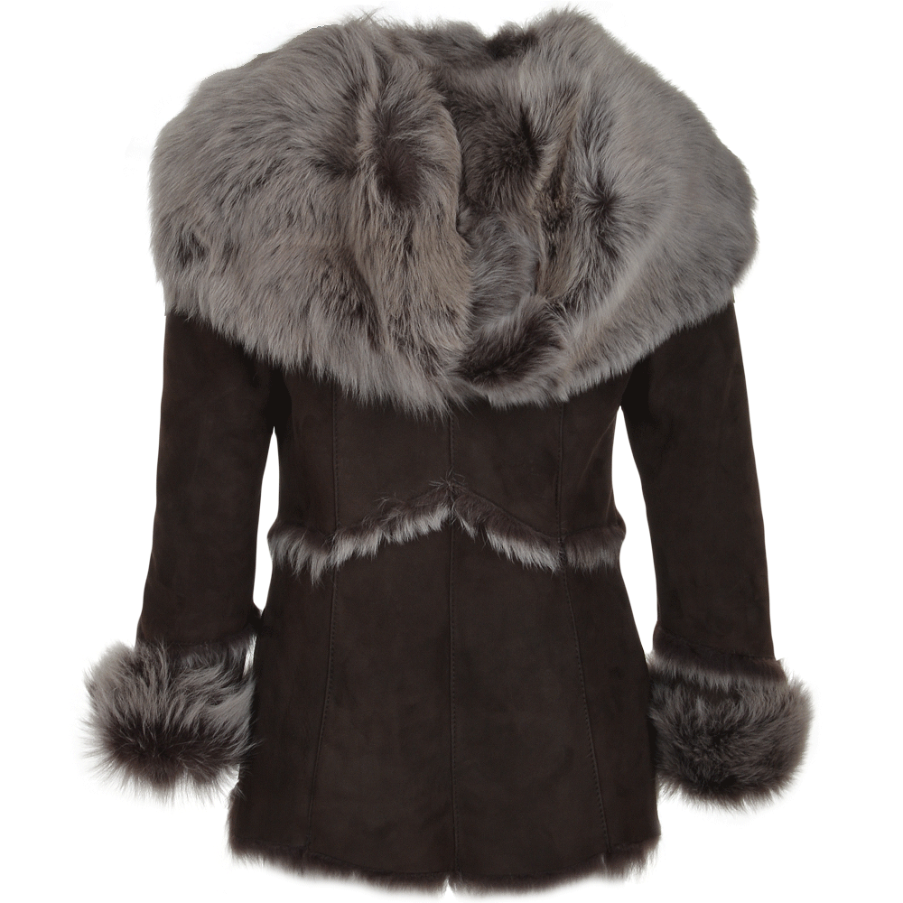 Toscana Longhaired Shearling Jacket With Large Hood Brown: KB 32 HOODED