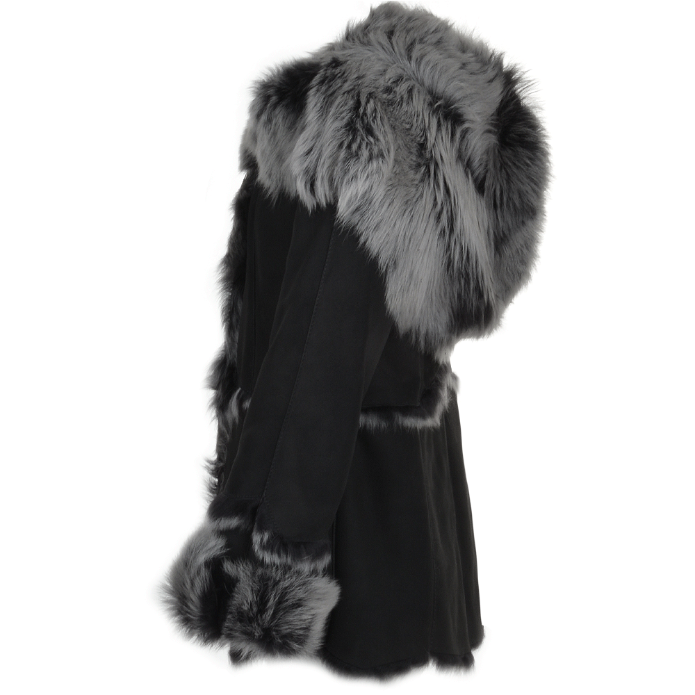 Toscana Long Haired Shearling Jacket With Large Hood Black: KB 32 HOODED