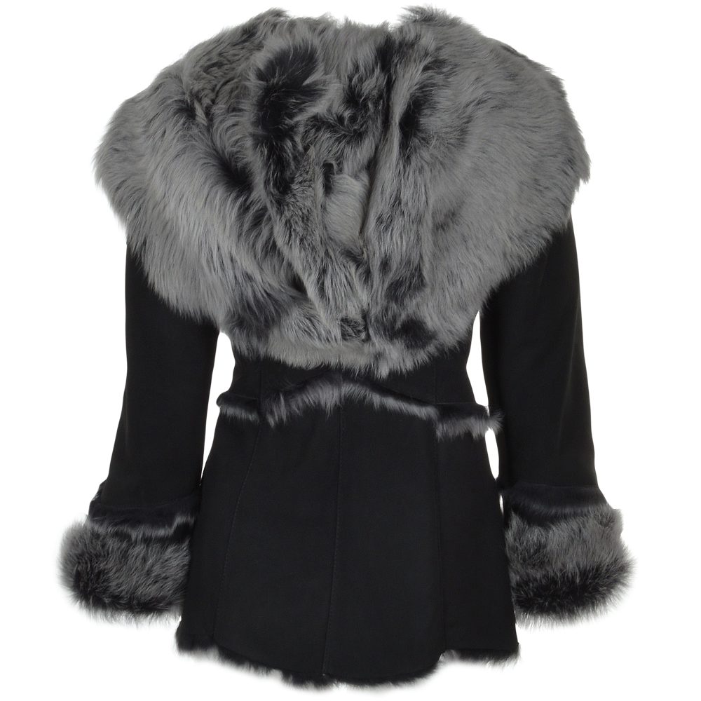 Toscana Long Haired Shearling Jacket With Large Hood Black: KB 32 HOODED