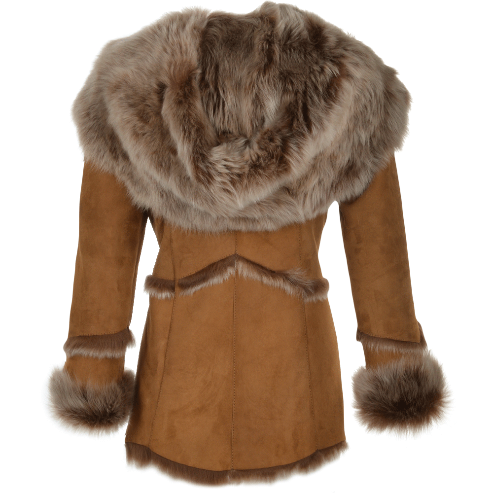 Toscana Longhaired Shearling Jacket With Large Hood Tan: KB 32 HOODED