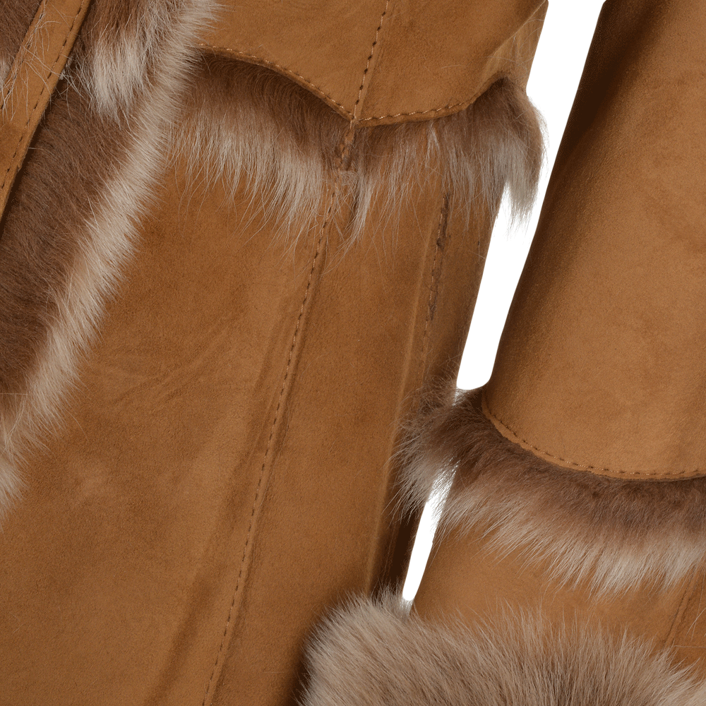 Toscana Longhaired Shearling Jacket With Large Hood Tan: KB 32 HOODED