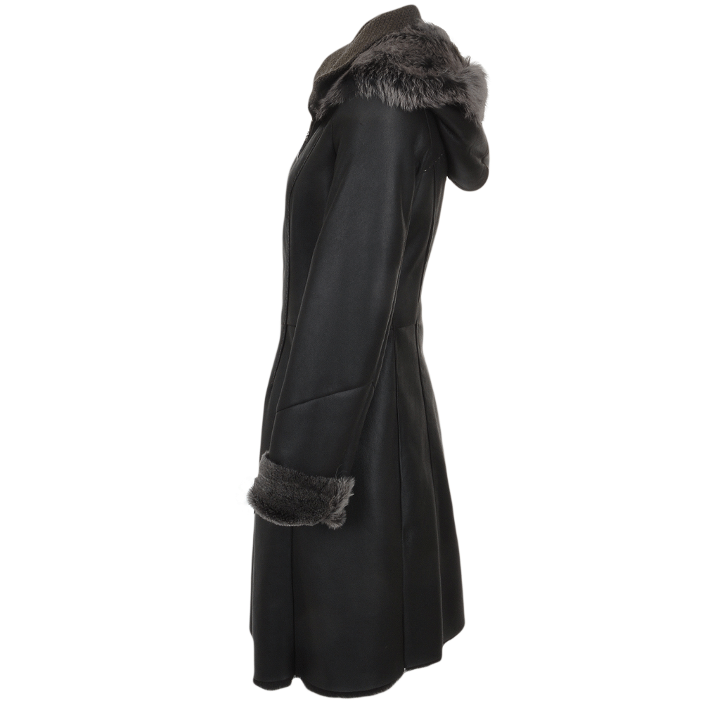 3/4 Hooded Toscana Sheepskin Coat  Brown: B-5689