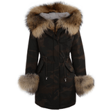 Hooded Toscana Tipped Military Parka With Detachable Fur Trim Lining Khaki Green/ brown: 9702 AR