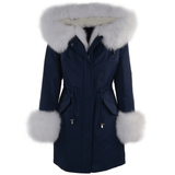 Hooded Toscana Tipped Fur Parka With Detachable Fur Trim Lining Blue/white: 9702 F