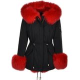Short Hooded Toscana Tipped Fox Fur Parka  With Fur Trim Lining Black/red: 7602 F