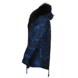 Hooded Raccoon Fur Camouflage Parka Blue/blk: E 8085 MAF