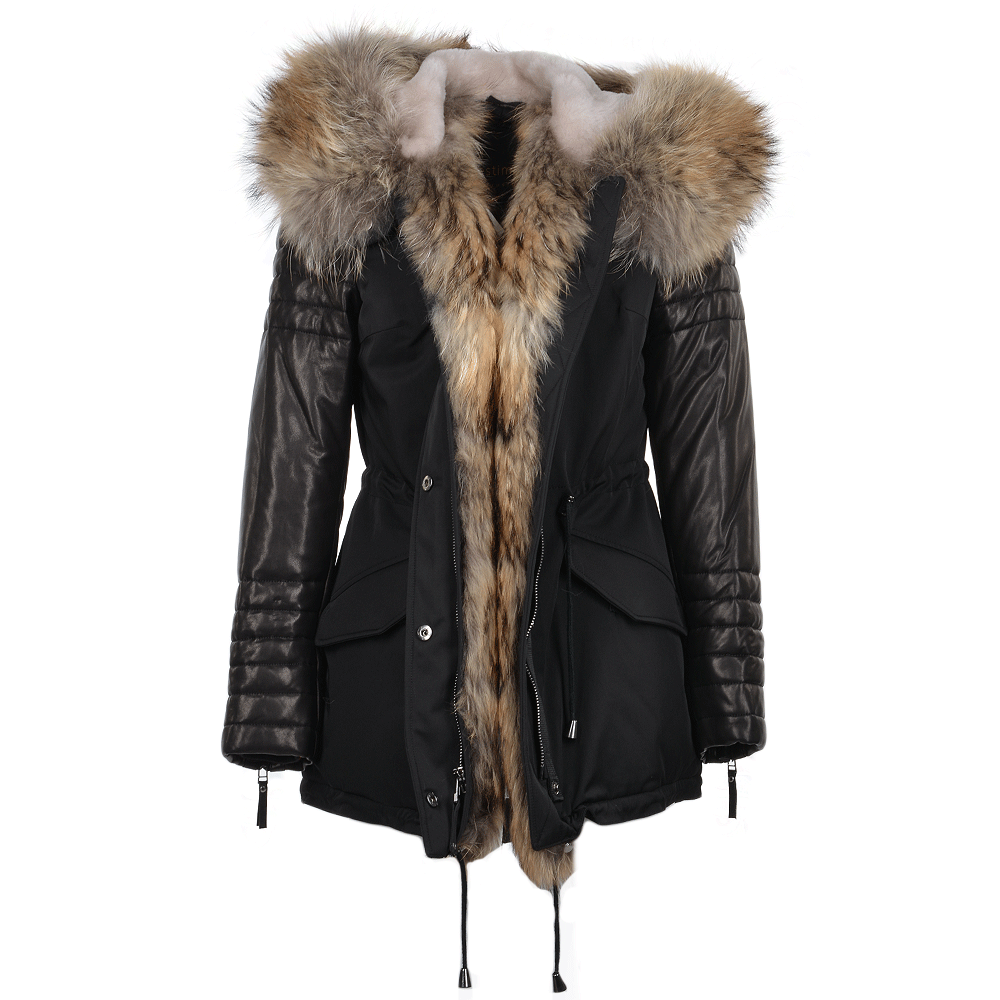 Hooded Racoon Tipped Fur Parka Black: 8085 FL