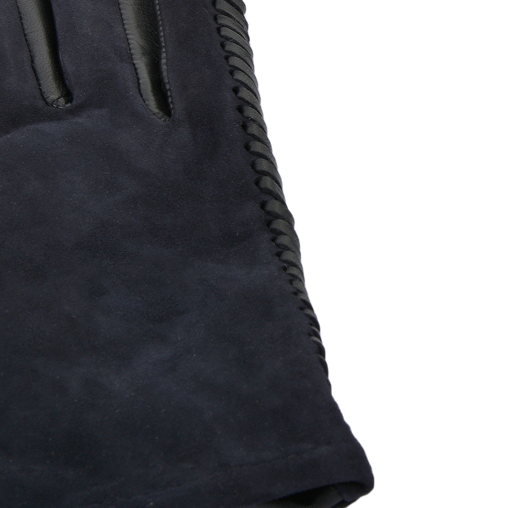 Two Tone Suede And Leather Gloves With Leather Woven Stitch Detail Black/Navy: 343
