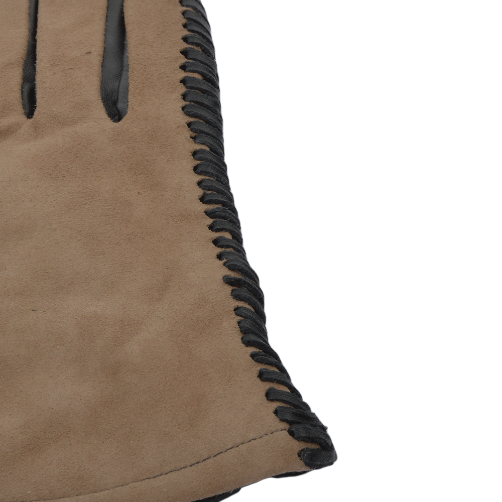 Two Tone Suede And Leather Gloves With Leather Woven Stitch Detail Black/Taupe : 343
