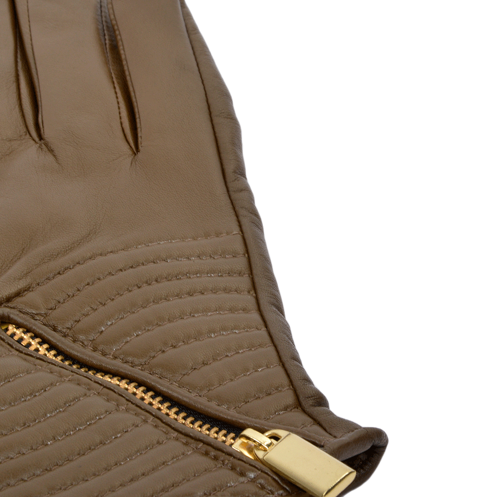 Zip And Stitch Detail Leather Gloves Taupe : 373