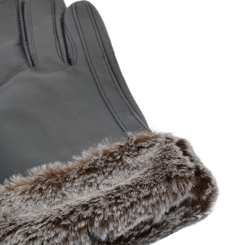 Faux Fur Tipped Leather Gloves Black : 678