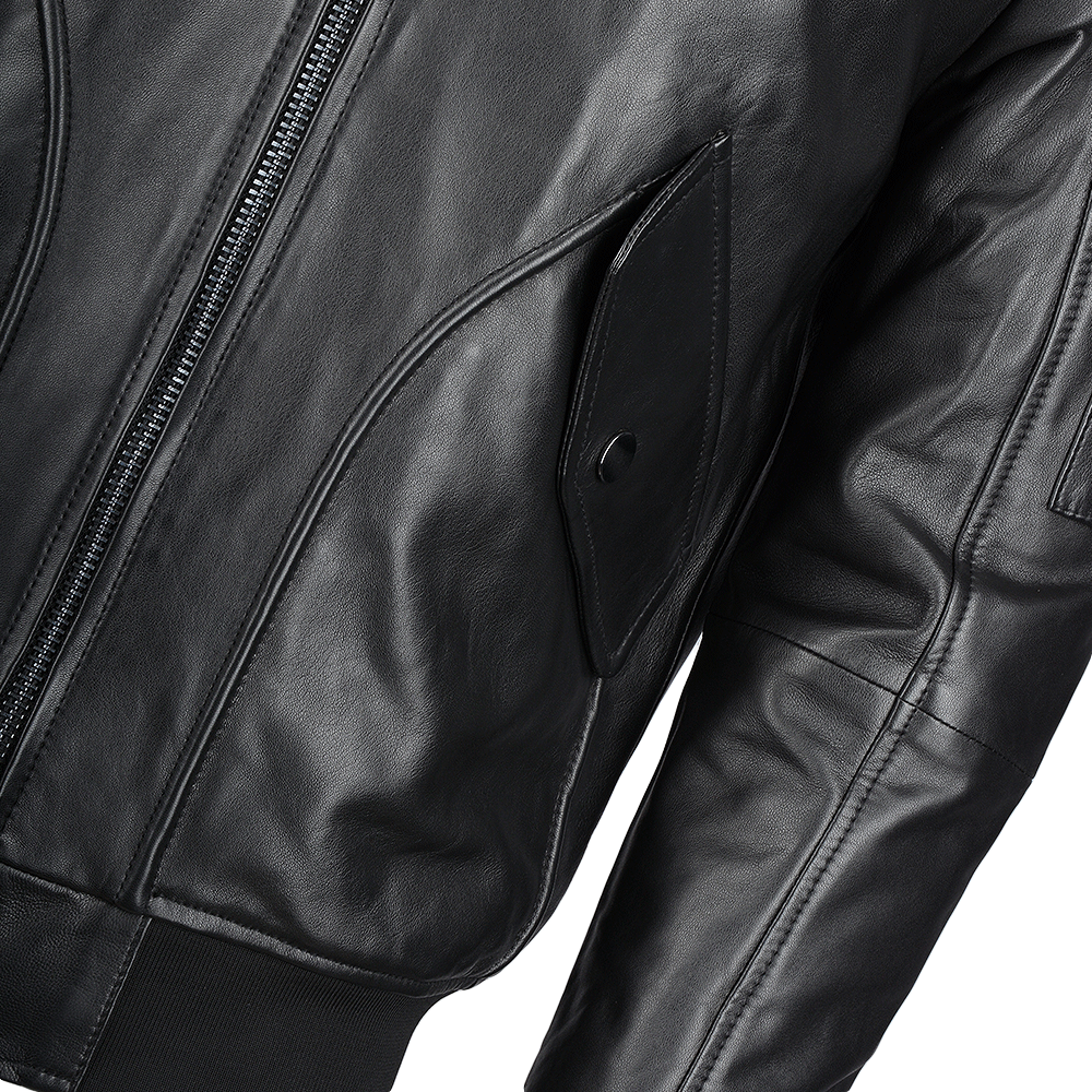 Vegetable Tanned Leather Jacket With Detachable Shearling Collar Black: EM 101