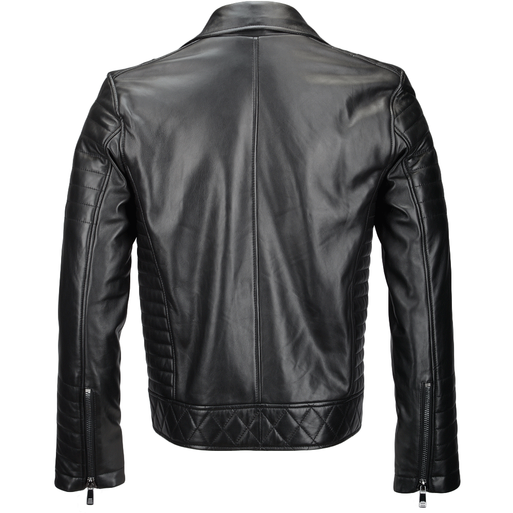 Side Zip Ribbed Leather Biker Jacket Black/ napp: E1730
