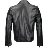 Side Zip Ribbed Leather Biker Jacket Black/ napp: E1730