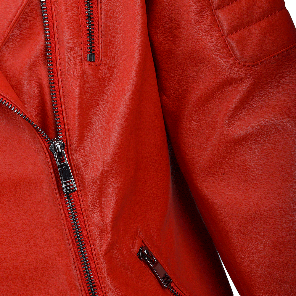 Ladies Vegetable Tanned Leather Biker Jacket Red: Z-1004