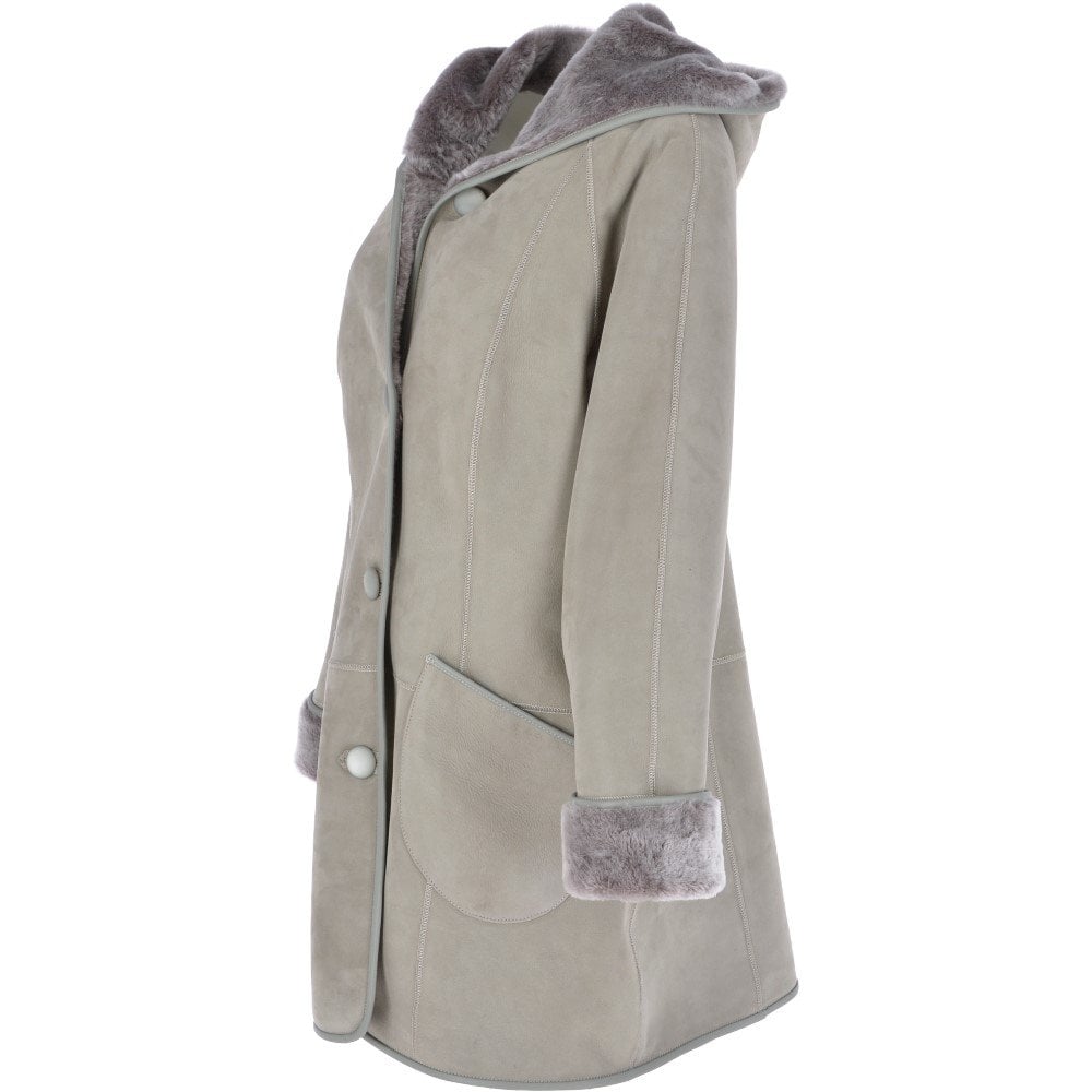 Womens Suede Sheepskin Hooded Coat Grey: KB-10285
