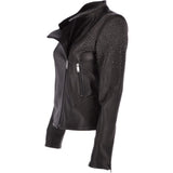 Ladies Vegetable Tanned Leather Studded Biker Jacket Black: ZB 255