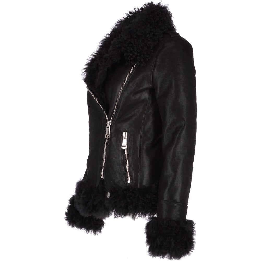 Womens Long Curly Sheepskin Suede Pilot Jacket Black: P-36