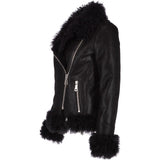 Womens Long Curly Sheepskin Suede Pilot Jacket Black: P-36