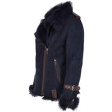 Womens Luxury Side Zip Toscana Suede Sheepskin Pilot Jacket Ombre Blue: KB-806