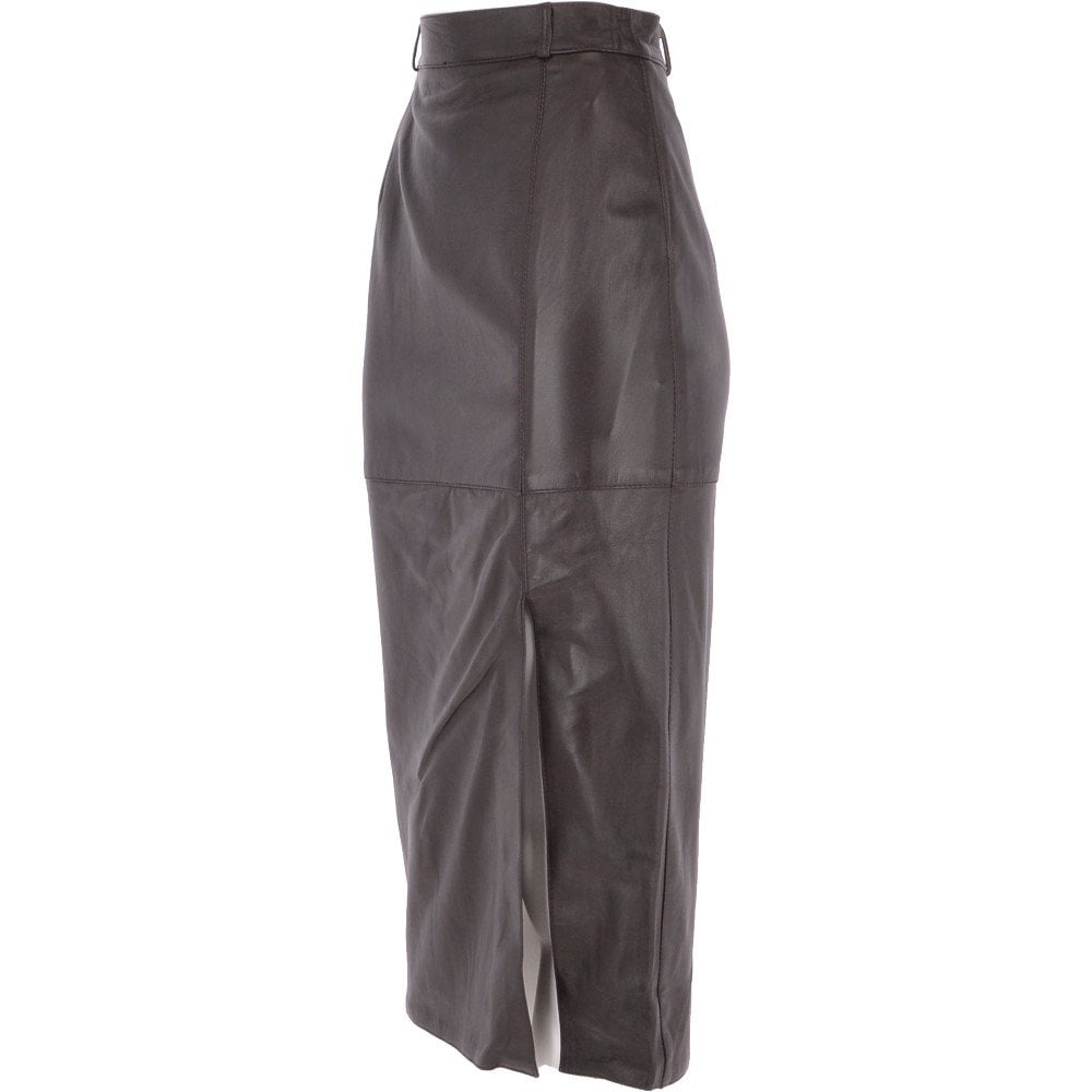 Women's Long 31 Inch Leather Skirt With Open Front Slit  Brown : Sandra Skirt