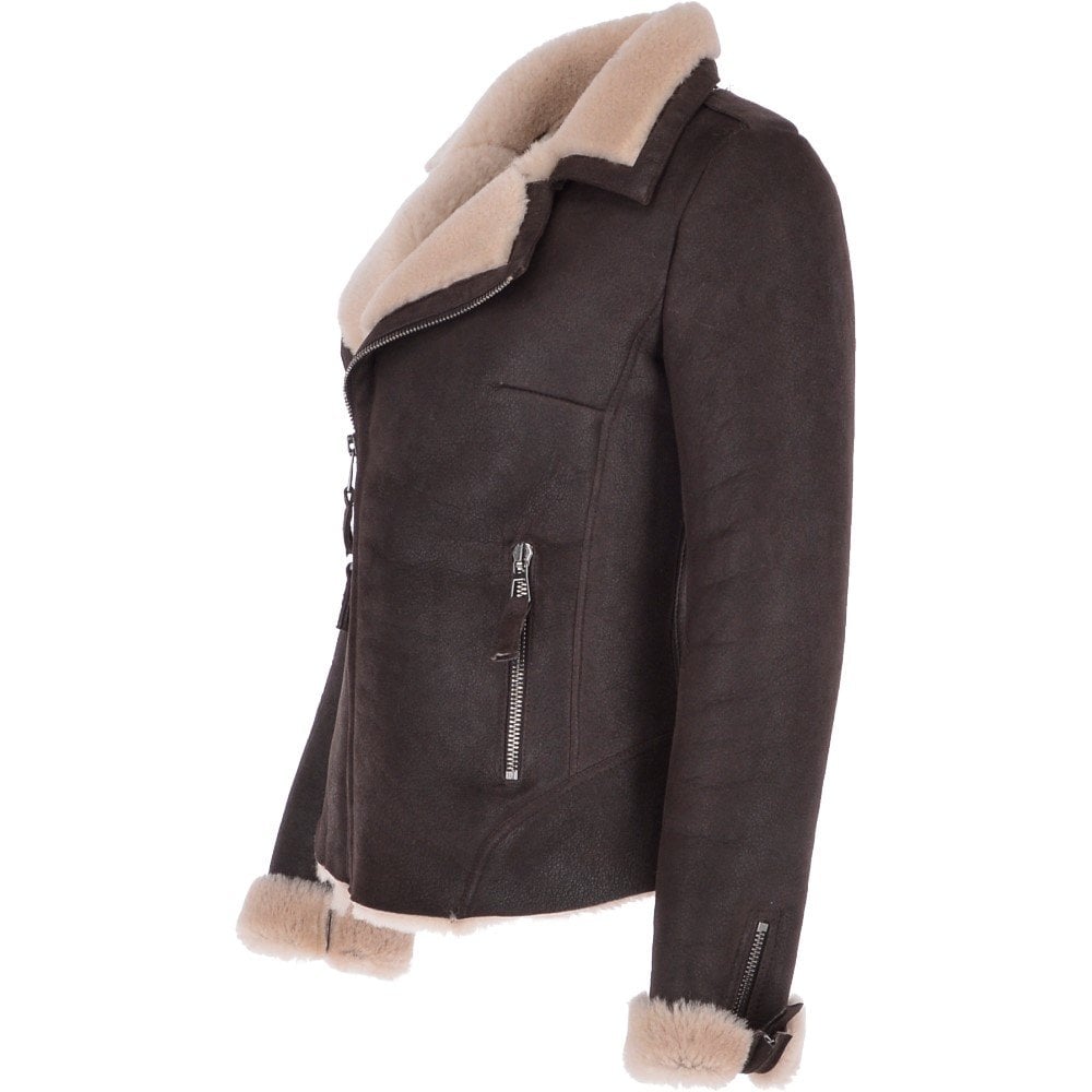 Womens Luxury Shearling Jacket Brown/Cream: P-47