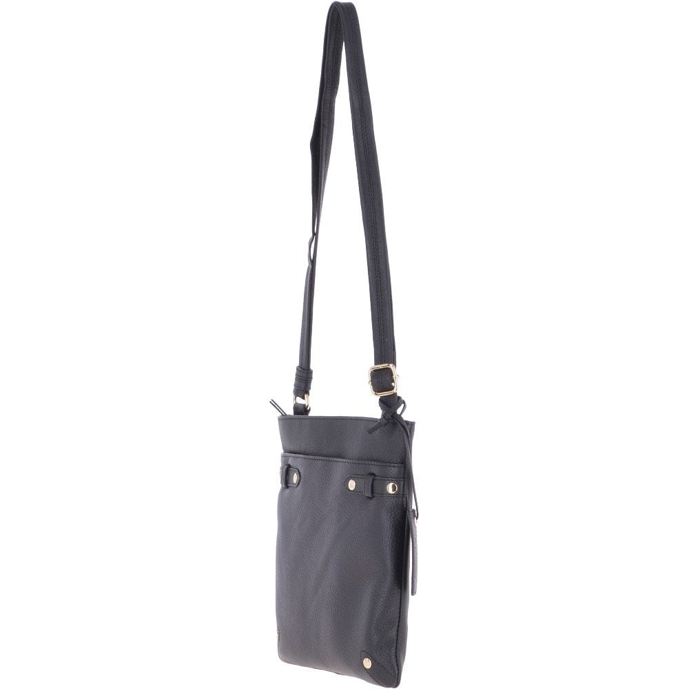 Zip Top Leather Cross Body Bag Black: Dolly