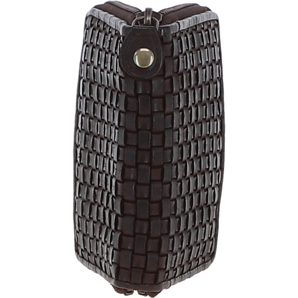 Vintage Woven Leather Zip Around Small  6 Card Coin Purse  Dark Brown :  D-80