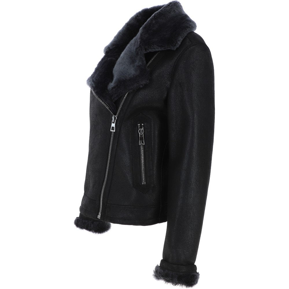 Womens Luxury Shearling Aviator Jacket Black/brissa: KB 874