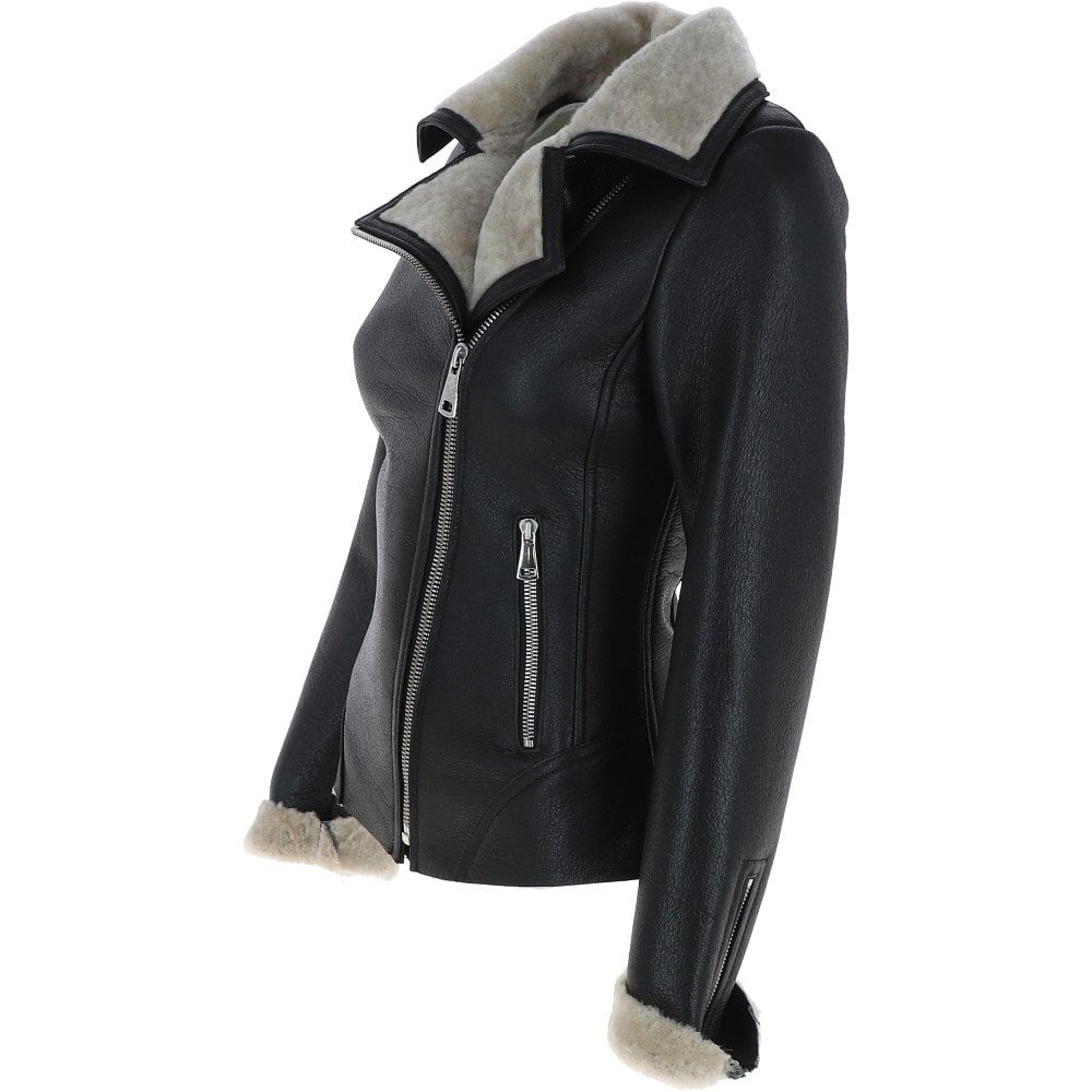 Womens Luxury Shearling Jacket Black/cream: P-47