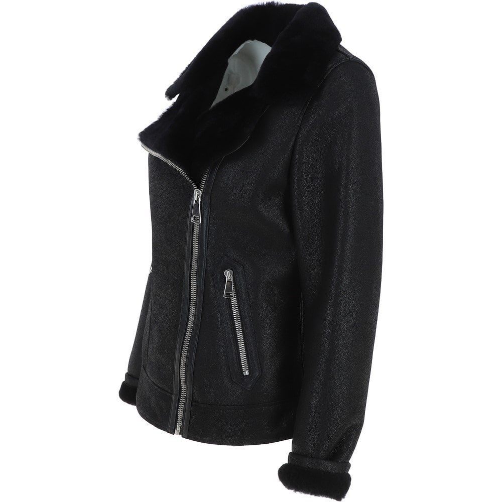 Womens Luxury Shearling Jacket Black: P-48