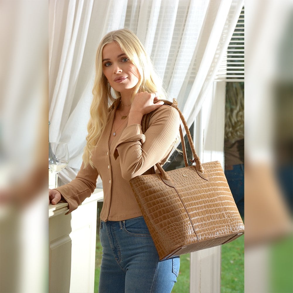Ashwood Leather Crocodile Print Shopper Bag Tan: C-56