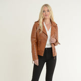 Women's Leather Biker Jacket Tan: 2741