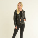 Monomoi Ladies Hooded Leather Jacket Black: Happy