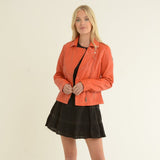 Monomoi Ladies Leather Side Zip Biker Jacket Orange: Wendy