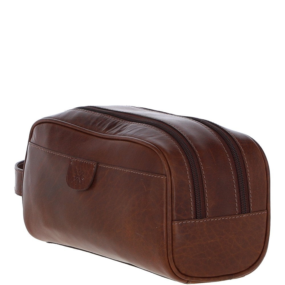 Ashwood Men’s Dual Zip Leather Washbag – Chestnut Tan: T-78