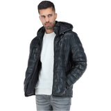 Leather Detachable Hood Puffer Jacket Navy: Nello