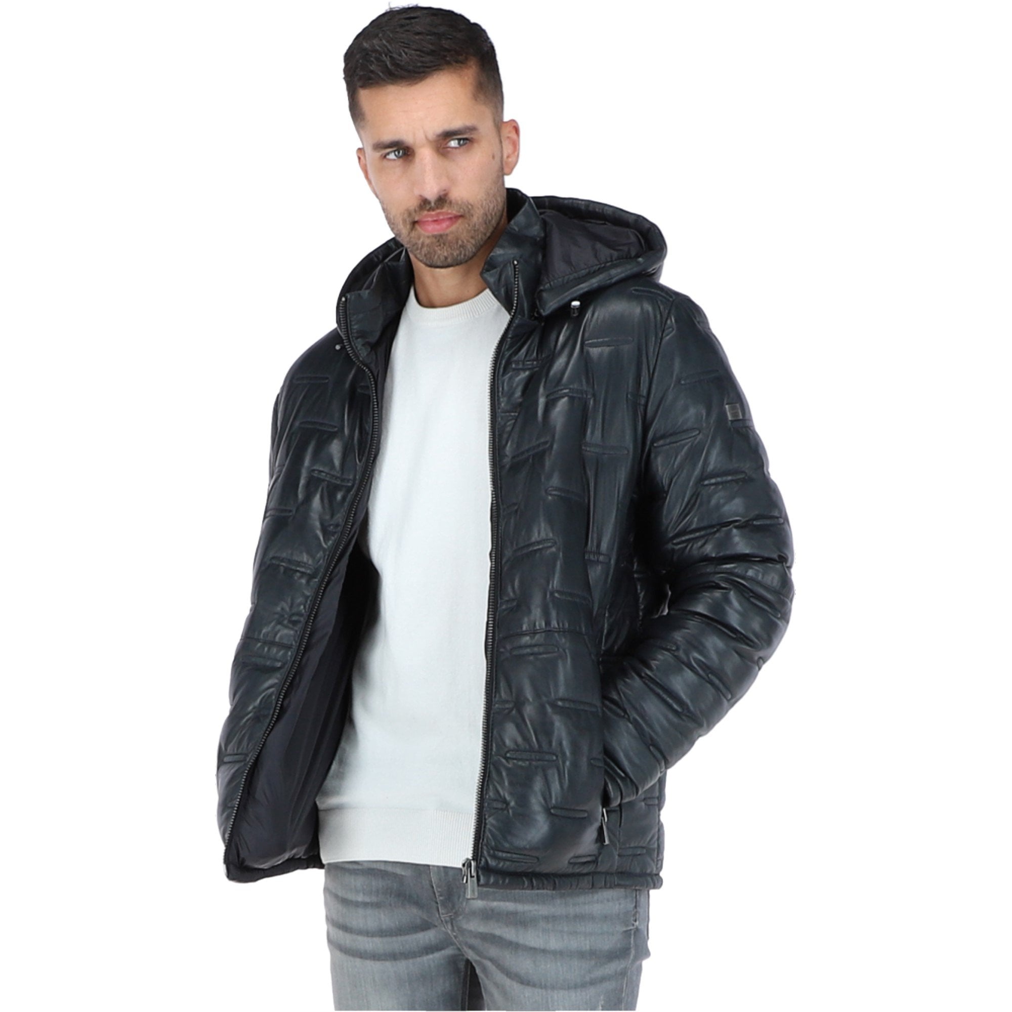 Leather Detachable Hood Puffer Jacket Navy: Nello