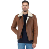 Side Zip Biker Sheepskin Pilot Jacket Tan: KE-193