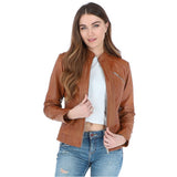 Ladies Leather Biker Jacket Tan: BR-Alice