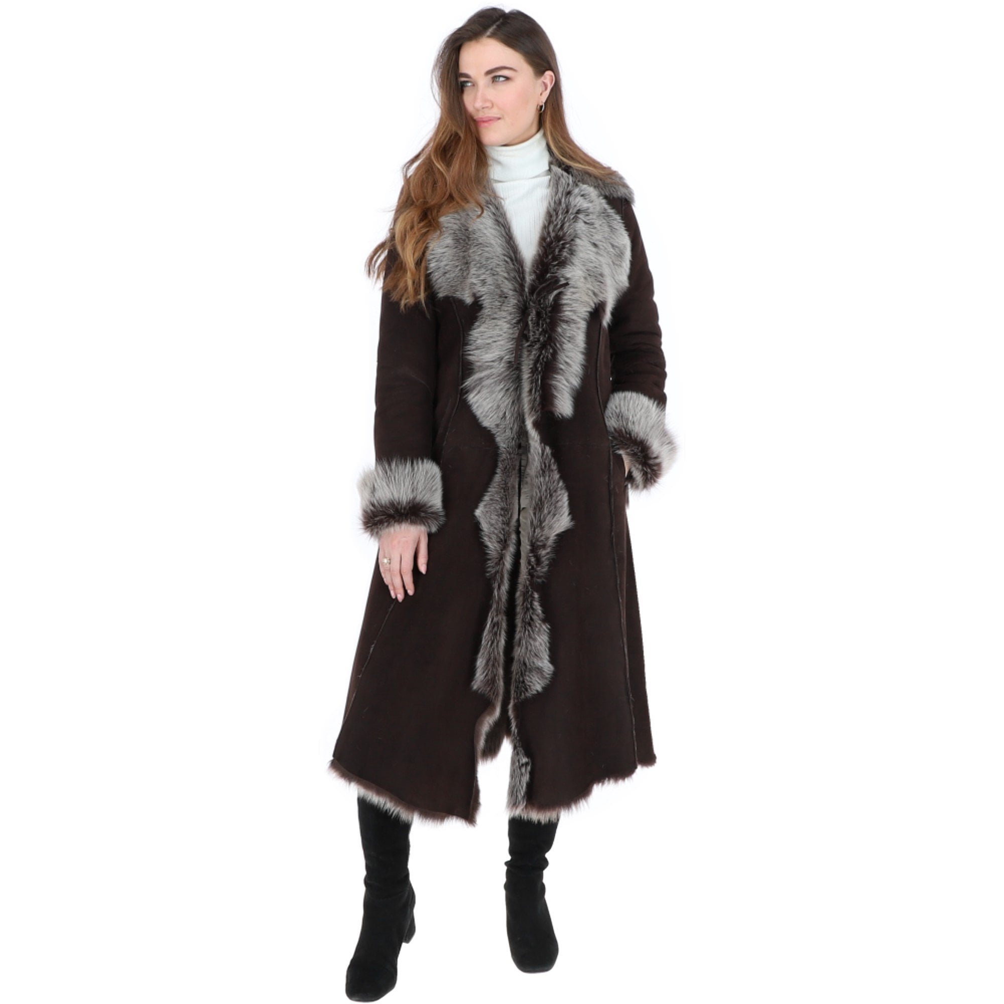 Long Length Toscana Suede Leather Coat Brown: KB 270