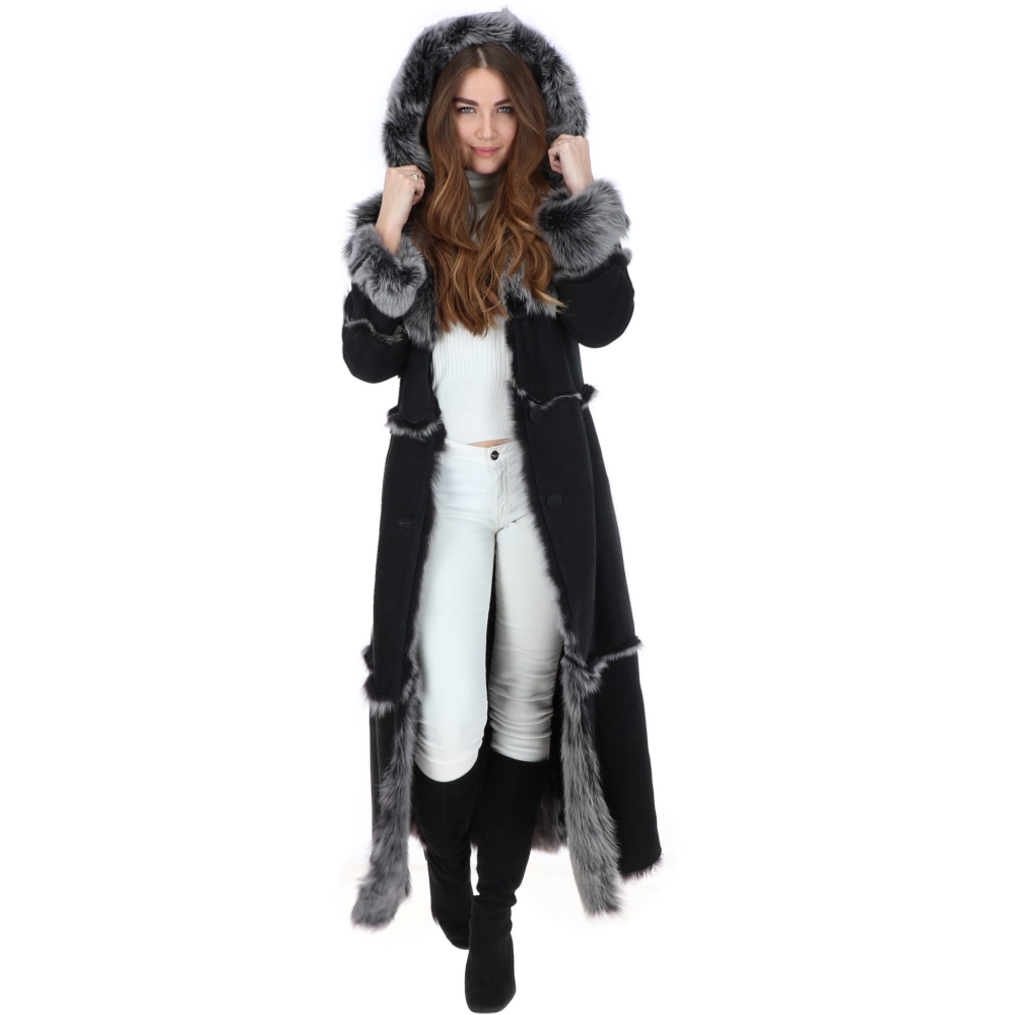 Long Length Sheepskin Coat Black: KB 56