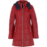 Women's Detachable Hood 3/4 Leather Jacket Red: Sofia