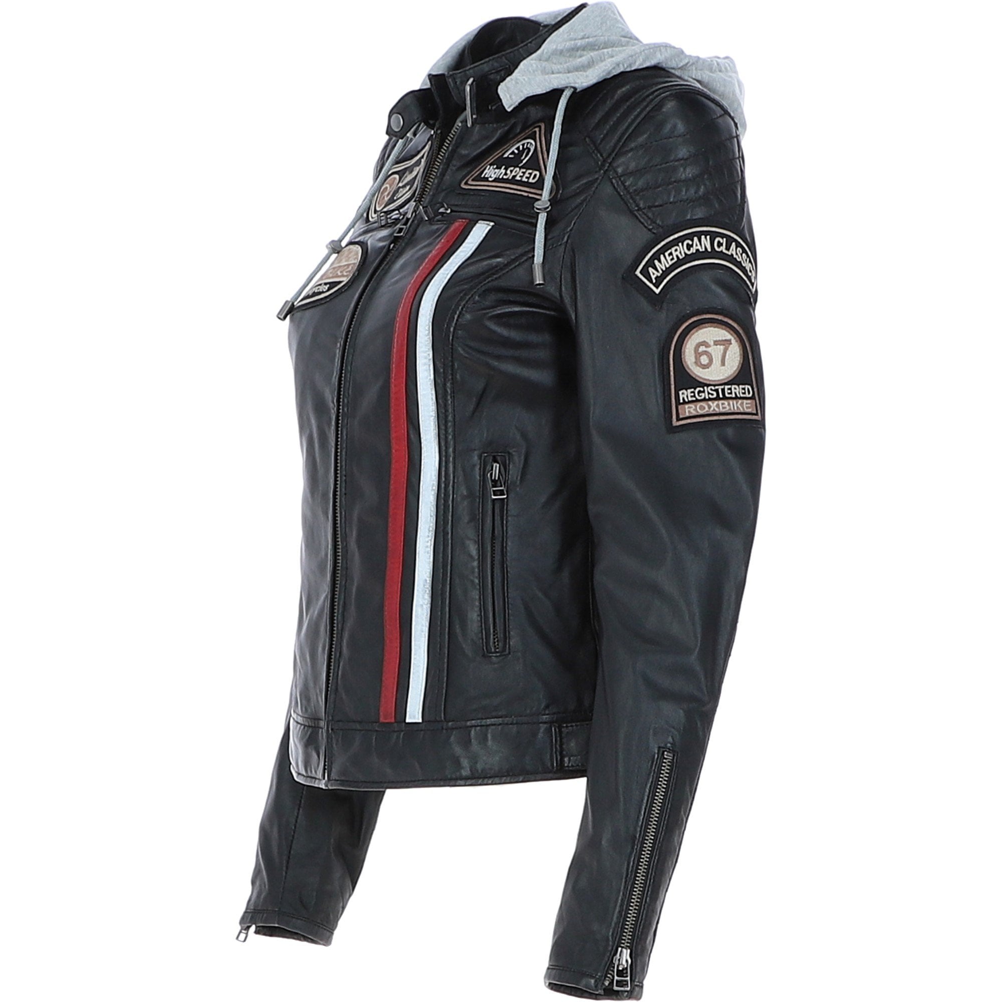 Women's Detachable Hood Leather Biker Jacket Black: Sofi