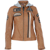 Women's Detachable Hood Leather Biker Jacket Cognac: Sofi