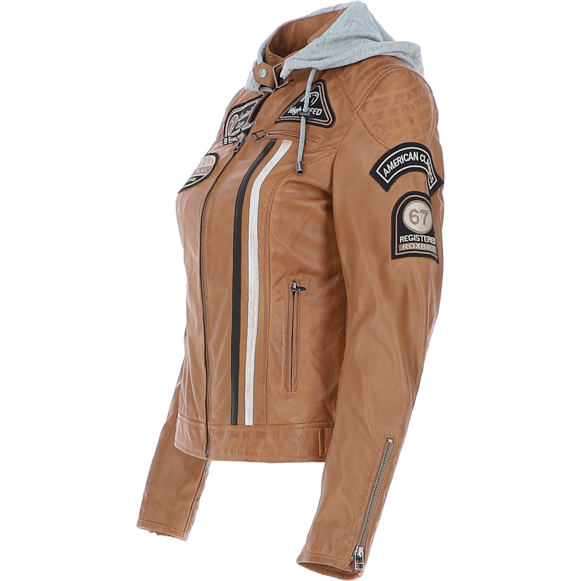 Women's Detachable Hood Leather Biker Jacket Cognac: Sofi