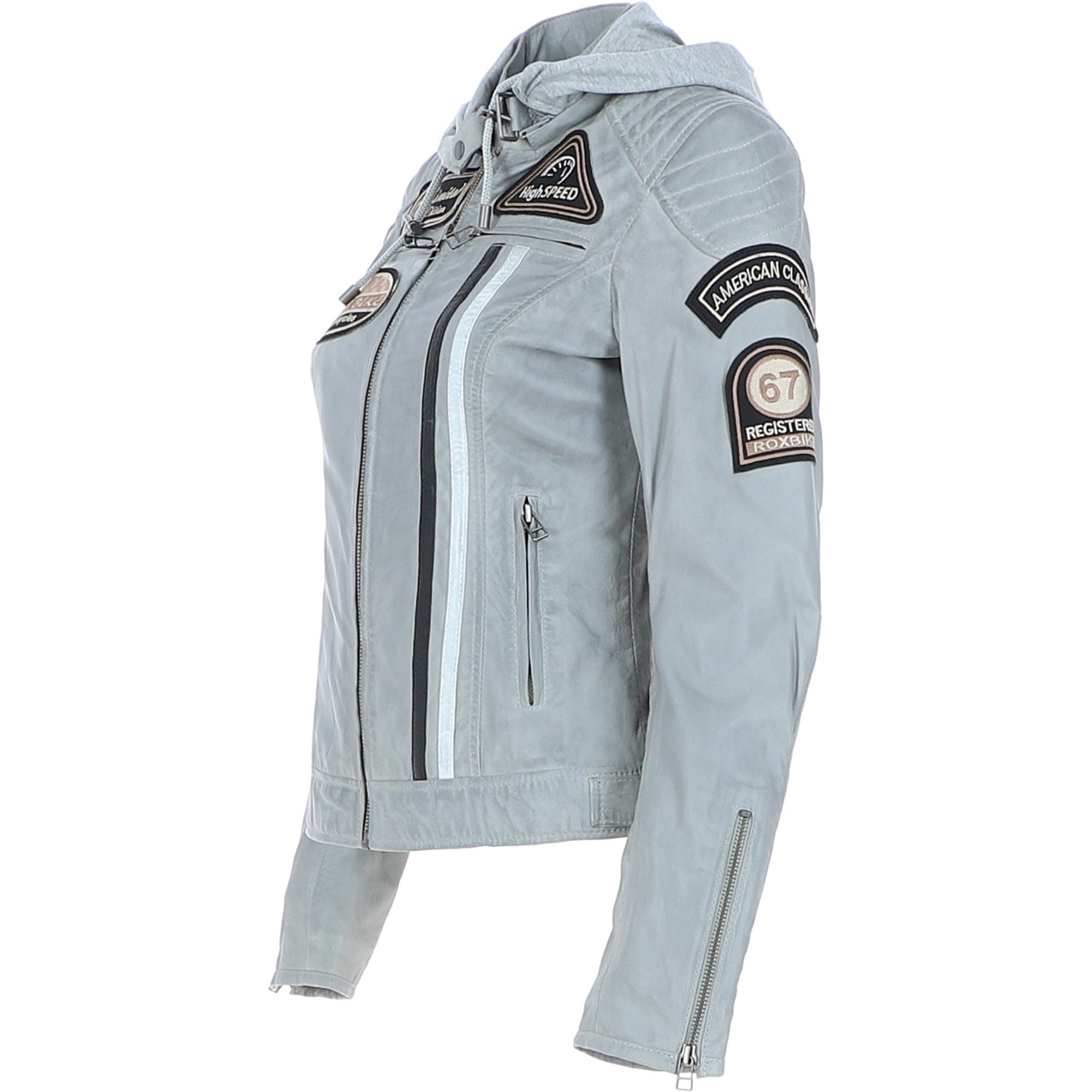 Women's Detachable Hood Leather Biker Jacket Grey: Sofi