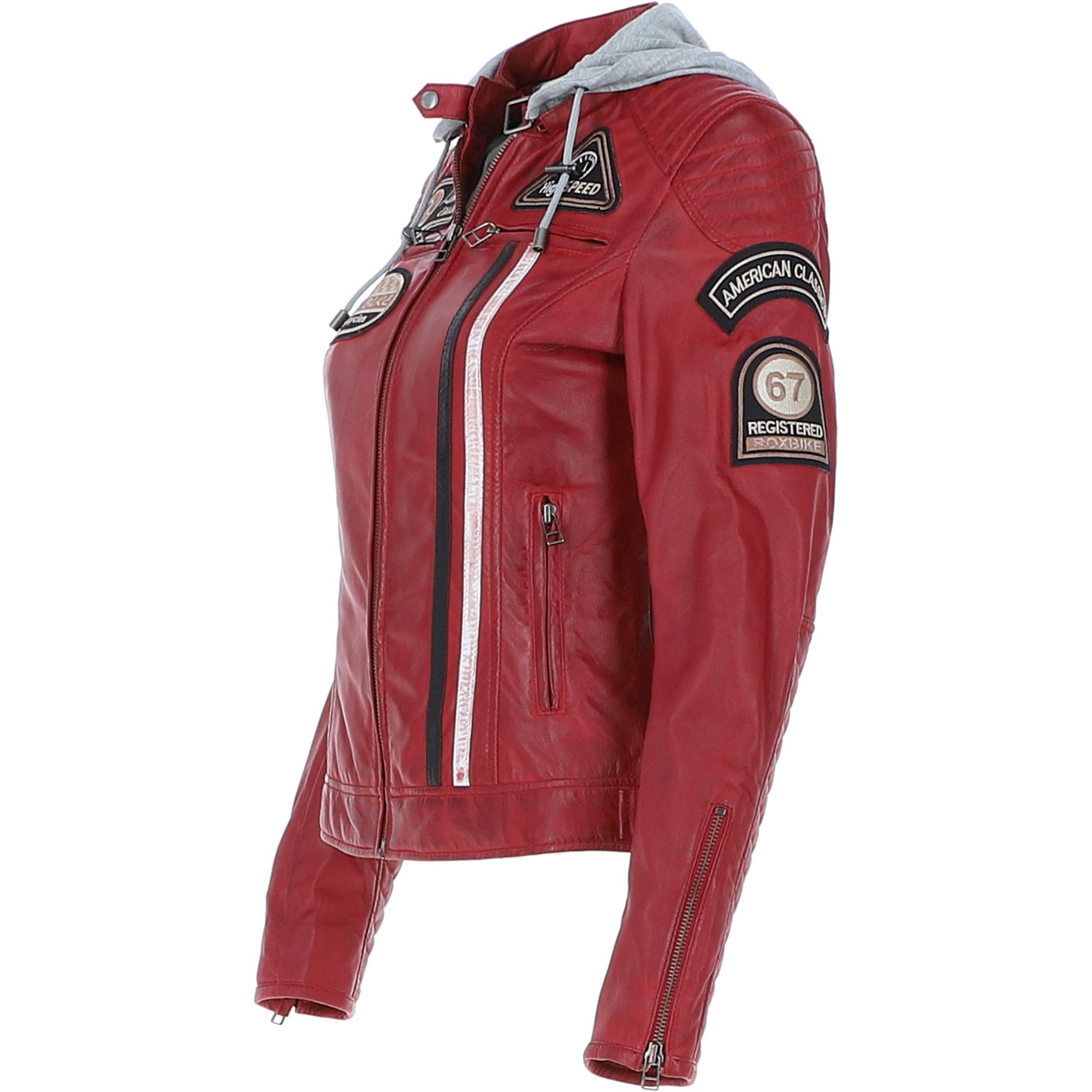 Women's Detachable Hood Leather Biker Jacket Red: Sofi